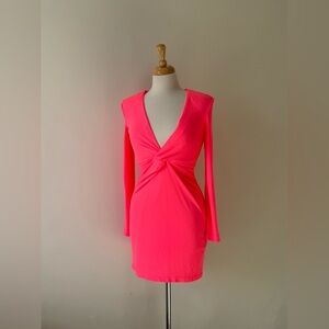Zara Neon Pink Long Sleeve Twist Front Dress